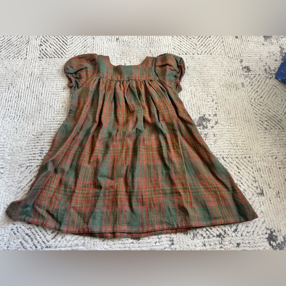 Kids Nellie Quats Dress Plaid Peter Pan Collar 100% Linen short sleeve size 3-4y